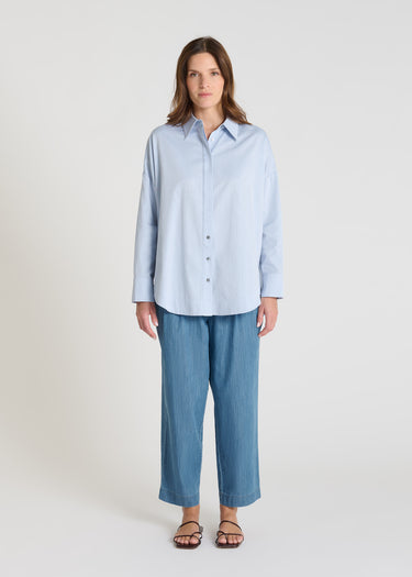Chemise oversize coton chevron bleu ciel femme, col boutonné nacre, manches longues - Karla