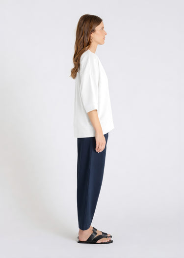 Sweat femme blanc col V, effet boule manches, bord-côte bas - Vue arrière Lupin