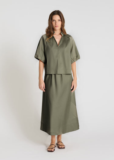 Blouse femme vert kaki satin coton manches ballon col haut volume boîte top chic élégant