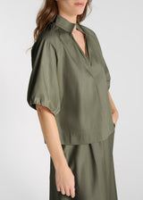 Top femme vert kaki emmanchures raglan manches ballon blouse coton chic tendance