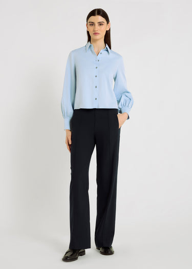 Chemise bleue femme coton twill volume boîte boutons nacre – Chemise Louisa bleu polaire
