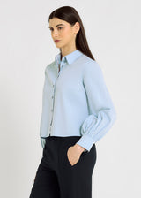 Chemise femme bleue coton volume boîte – pli creux dos, chemise bleu femme, tenue chic, Louisa