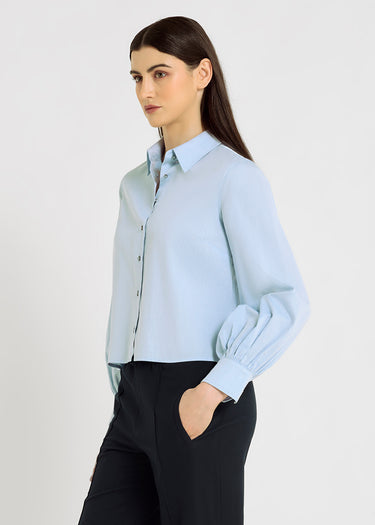 Chemise femme bleue coton volume boîte – pli creux dos, chemise bleu femme, tenue chic, Louisa