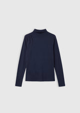 T-shirt Marc bleu nuit – jersey lyocell laine, col cheminée, plis épaule droite, ligne droite