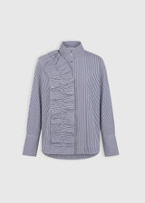 Chemise Margaret bleu indigo – coton rayé, col officier, volant devant, boutons nacre, base arrondie