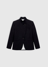 Veste Mary noir – tissu tailleur, devant croisé asymétrique, col officier, boutons corozo, poches