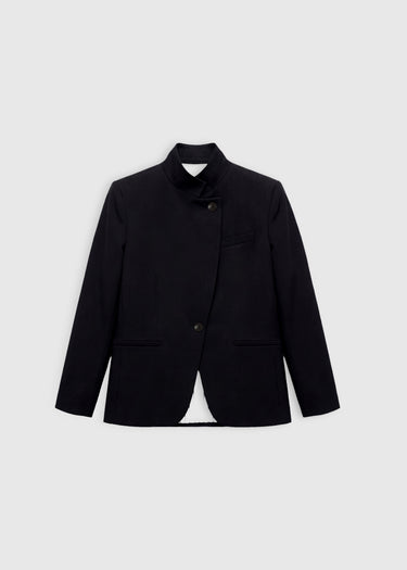Veste Mary noir – tissu tailleur, devant croisé asymétrique, col officier, boutons corozo, poches