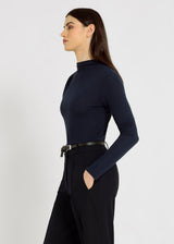 T-shirt femme bleu marine col montant lyocell – ligne droite, chemise bleu femme, tenue chic, Marc