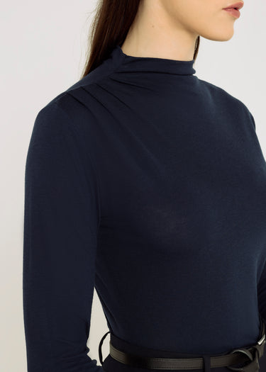T-shirt femme classe bleu marine col montant – jersey lyocell, plis épaule, tenue décontractée chic, Marc
