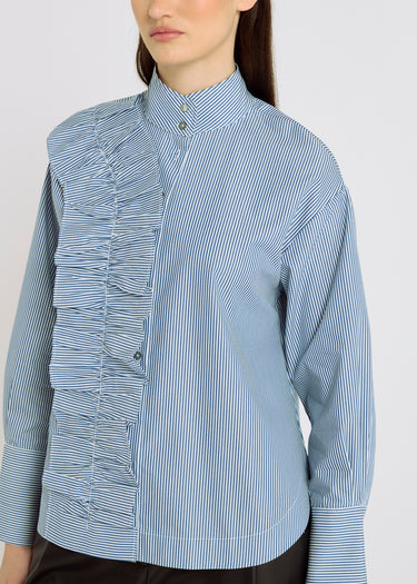 Chemise rayée bleu indigo femme classe – coton, volant piqué, belle chemise pour femme, Margaret