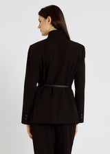 Blazer noir femme croisé asymétrique – boutons corozo, poches passepoilées, tenue élégante, Mary