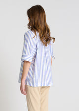 Vue dos chemisier rayé bleu ciel, coupe droite fluide, blouse femme coton style épuré contemporain