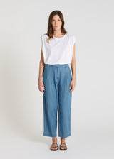 Pantalon jean femme bleu indigo coupe carotte fluide taille élastiquée Muguet