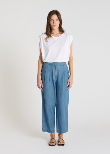 Pantalon jean femme bleu indigo coupe carotte fluide taille élastiquée Muguet