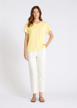 Blouse manche courte femme jersey coton jaune pastel encolure ronde découpes fluide Narcosn