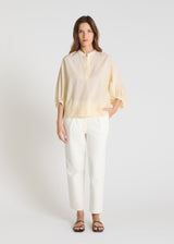 Blouse rayée jaune twill coton, manches longues boule, encolure soignée, chemisier femme chic tendance