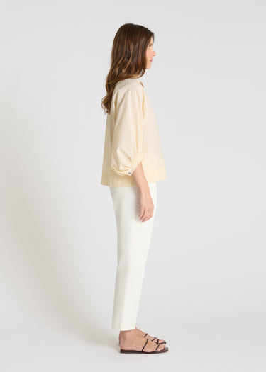 Vue dos blouse rayée jaune, coupe boîte structurée, chemisier femme coton style estival contemporain