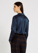 Chemisier soie bleu nuit femme – Nisha, manches longues poignets boutonnés, tenue élégante