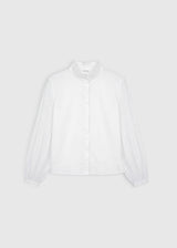 Chemise blanche femme chic – Olympe, manches plissées volume léger, coupe courte boîte