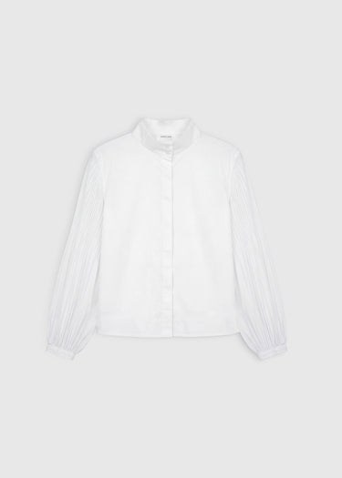 Chemise blanche femme chic – Olympe, manches plissées volume léger, coupe courte boîte