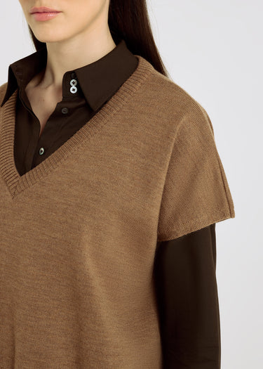 Pull manches courtes Orfeo camel en mérinos – silhouette sobre et intemporelle, pull merinos femme