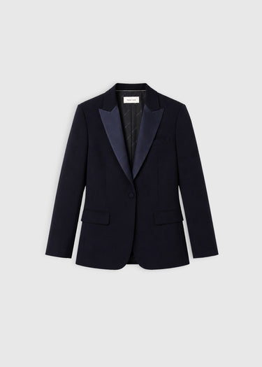 Blazer femme bleu marine crêpe fluide – Paolina S, poche passepoilée et doublure logo