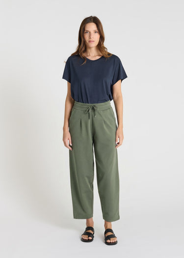 Pantalon femme vert kaki coupe carotte molleton, ceinture élastique liens ajustables – Palamede