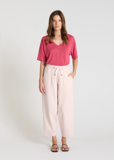 Pantalon molleton femme Palamède rose coupe carotte taille élastiquée plis devant confortable