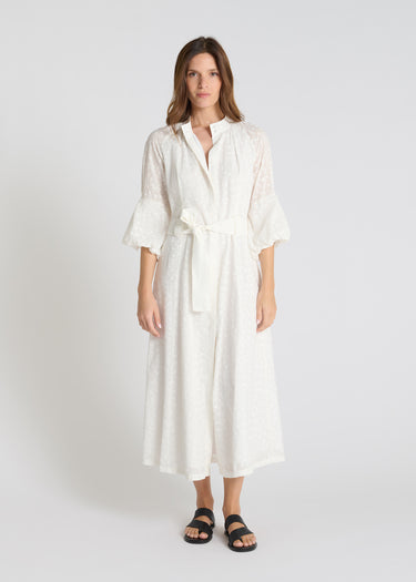 Robe longue voile coton blanc motif fleuri, col montant, manches volume, ceinture - Paquerette