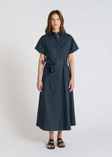 Robe chemise femme Pervenche bleu marine popeline col chemise sans manches ceinture à nouer