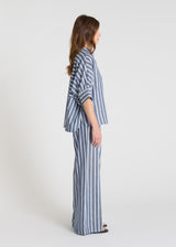 Vue dos blouse rayée bleu indigo, empiècement contrasté, chemisier femme coton-lin style contemporain