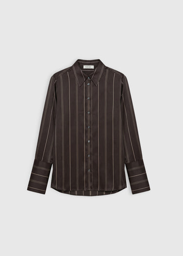 Chemisier soie femme marron – Renee, satin rayé lumineux, dos allongé, silhouette nette et chic