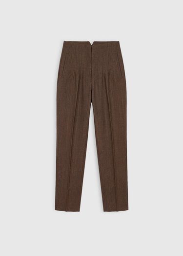 Pantalon femme marron chevron – Riley, pinces à la taille, poches passepoilées, tombé structuré