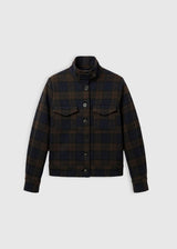 Veste femme bleu marine laine mélangée – Rosamund, poches poitrine à rabat, coupe droite courte