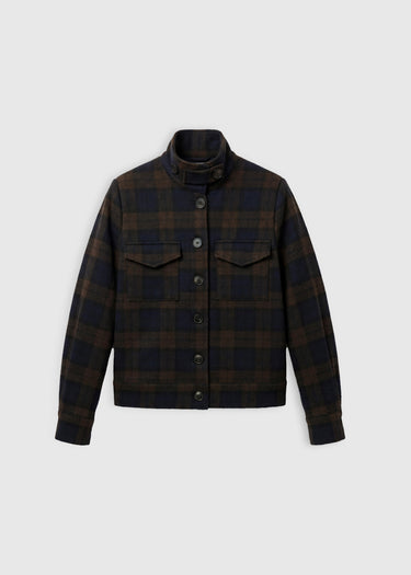 Veste femme bleu marine laine mélangée – Rosamund, poches poitrine à rabat, coupe droite courte