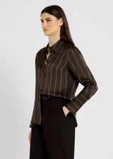 Chemise Renee choco satin de soie, détail rayé – chemise luxe femme, chemisier soie femme
