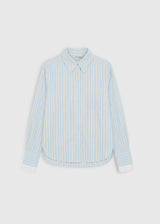 Chemise femme bleu ciel à rayures, double poignet contrasté, patte boutonnage cachée – Sophie