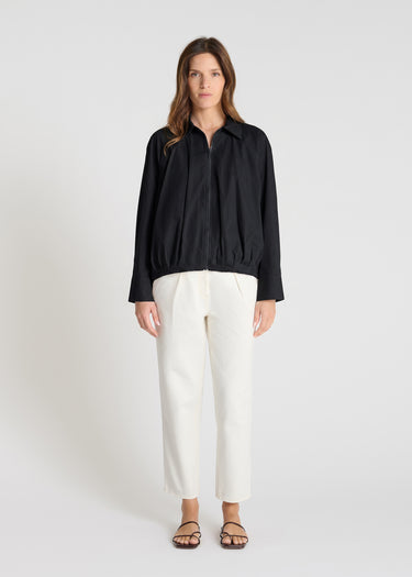 Chemise femme noire zippée col chemise raglan, manches longues boutons nacre – Senecon