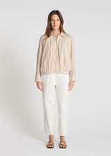 Chemise femme beige sable zippée col chemise raglan, manches longues boutons nacre – Senecon