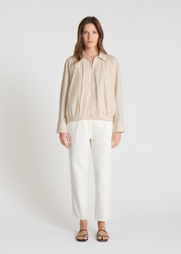 Chemise femme beige sable zippée col chemise raglan, manches longues boutons nacre – Senecon