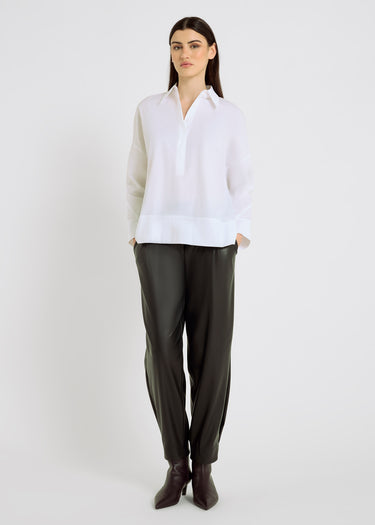 Chemise blanche femme coton stretch, coupe ample évasée, boutons nacre – Simone