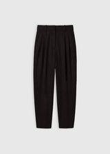 Pantalon femme rayé marron chocolat, volume barrel, poches italiennes et passepoil – Victorio R