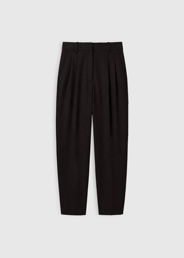 Pantalon femme rayé marron chocolat, volume barrel, poches italiennes et passepoil – Victorio R