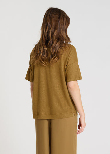 Vue arrière t-shirt lin bronze, dos plus long que devant, fentes latérales - Valerio