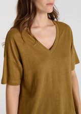 T-shirt femme lin bronze, emmanchure descendue, fentes côtés, allure décontractée - Valerio