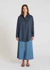 Chemise voile coton bleu marine femme, col haut boutonné, manches longues - Vani