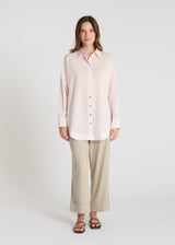 Chemise voile coton rose poudré femme, col haut boutonné, manches longues - Vani