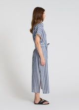 Robe Varda bleu indigo portée robe longue rayée femme coton lin fluide légère estivale