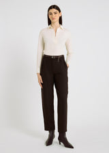 Pantalon barrel femme rayé marron chocolat, flanelle douce, plis sous ceinture – Victorio R