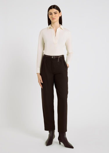 Pantalon barrel femme rayé marron chocolat, flanelle douce, plis sous ceinture – Victorio R